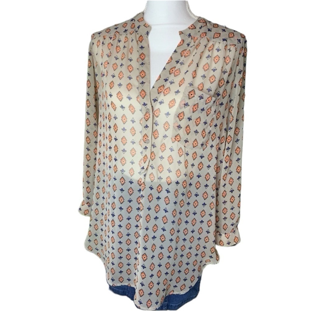 Pleione M Gray Taupe Ikat Sheer Tunic Blouse Roll Tab Sleeve Boho Work